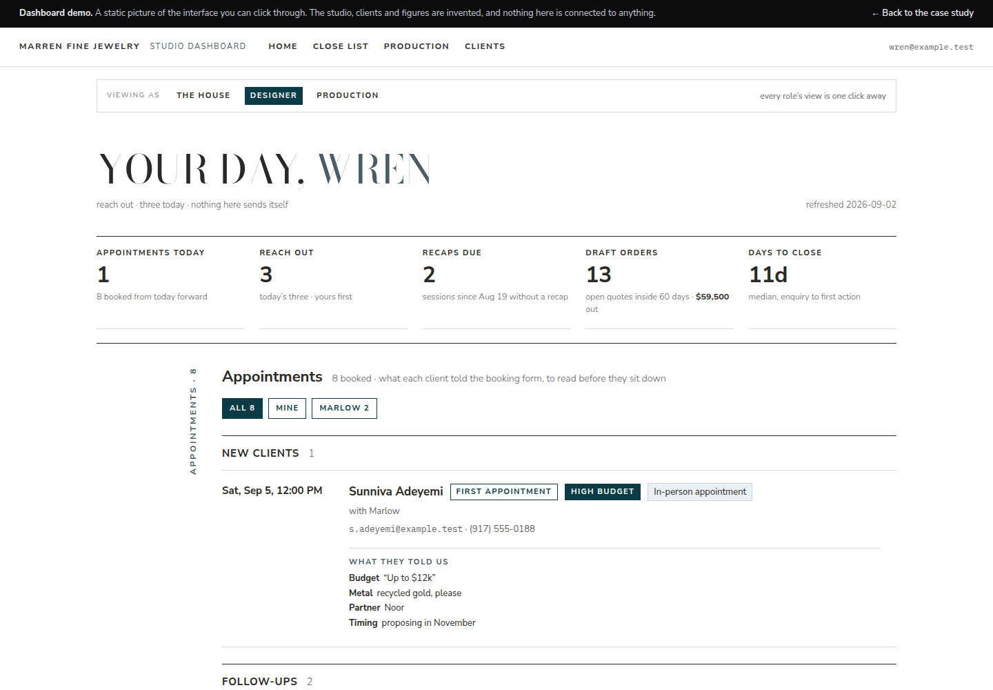 A designer's day: a ranked list of next actions, including past clients to reach out to.