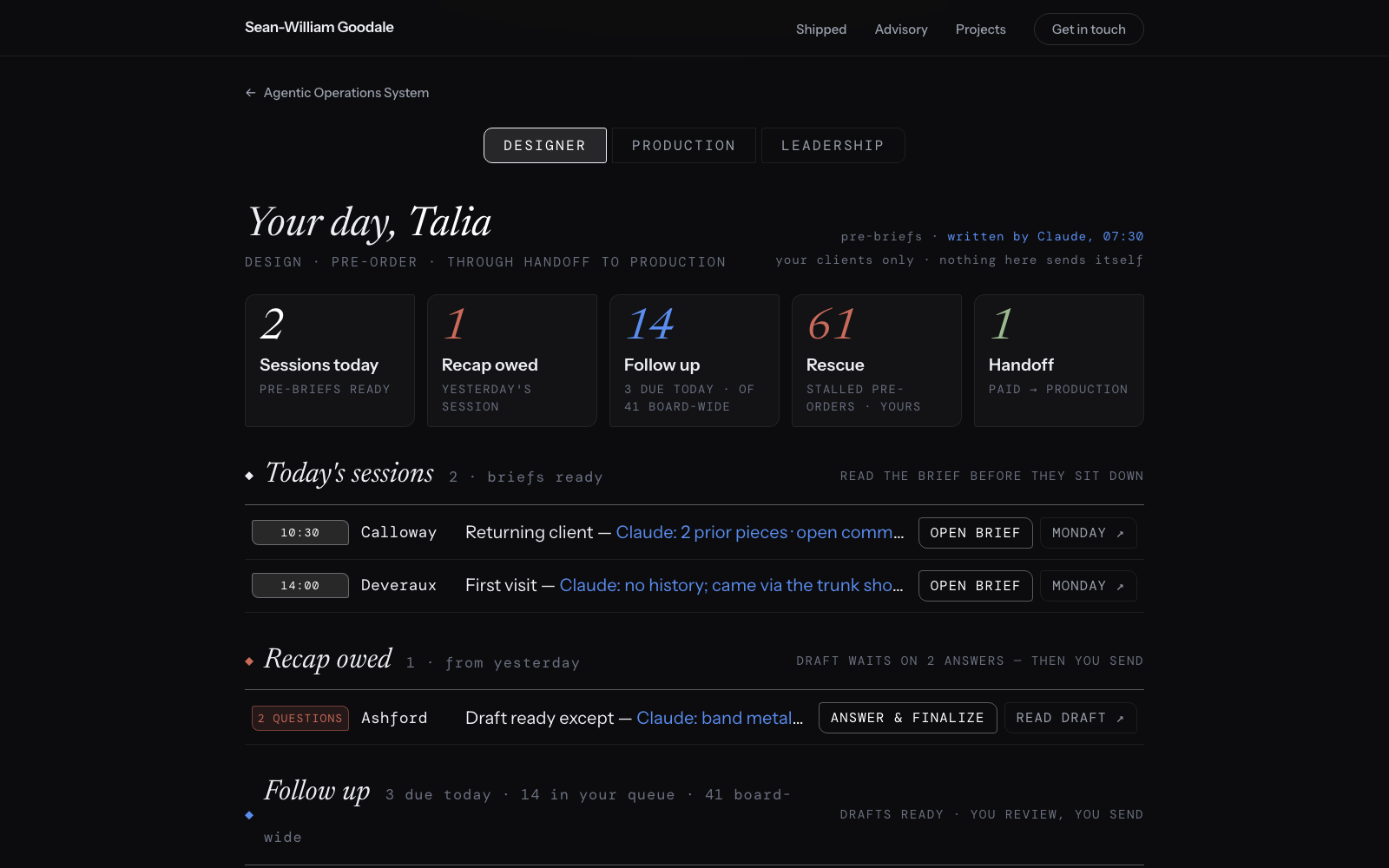 Daily triage demo: designer, production, and leadership views