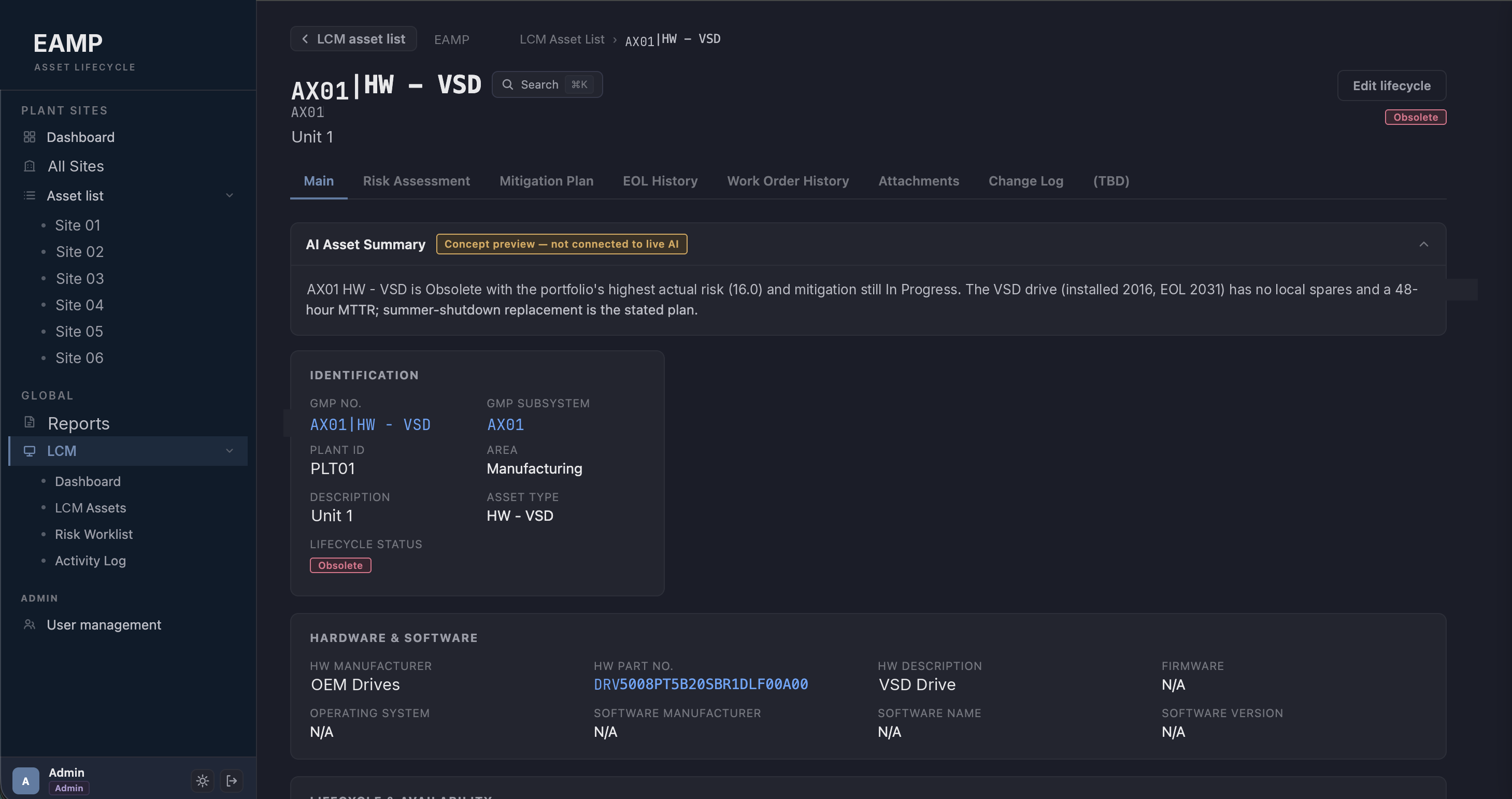 EAMP asset detail: identification, hardware, lifecycle, work orders, attachments, and change log