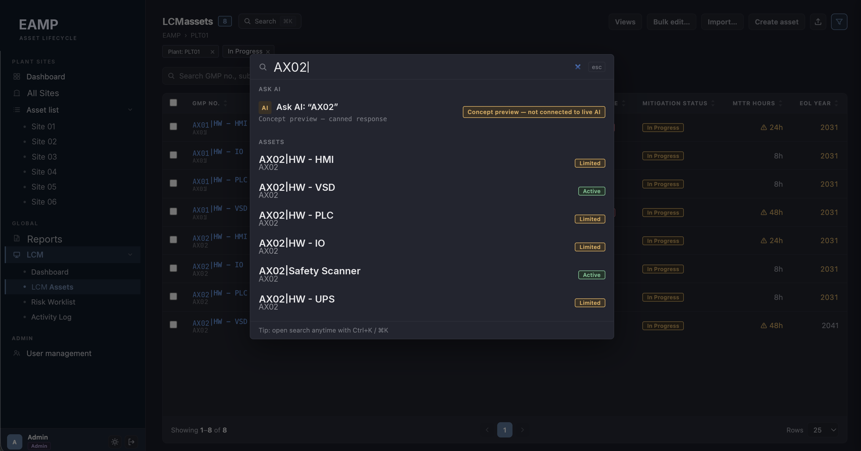 EAMP command-palette search across the asset registry